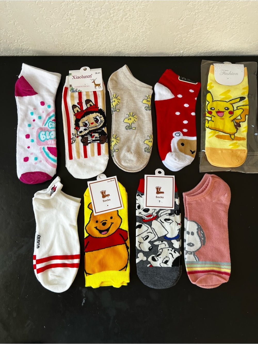 Lot of 9 Pairs Character & Novelty Ankle Socks - Disney, Pikachu, Snoopy, & More